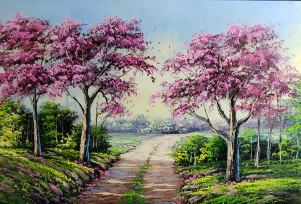 Caminho entre ipês rosa floridos