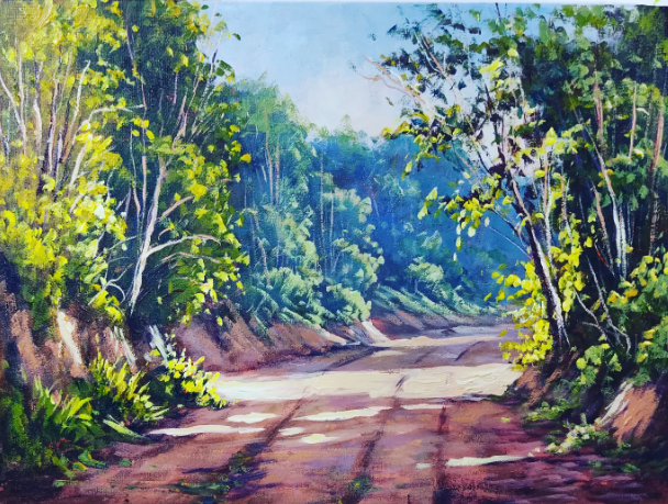 Estrada de terra com luz entre árvores